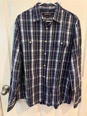 Michael Kors Navy and White Plaid Button-Down Shirt